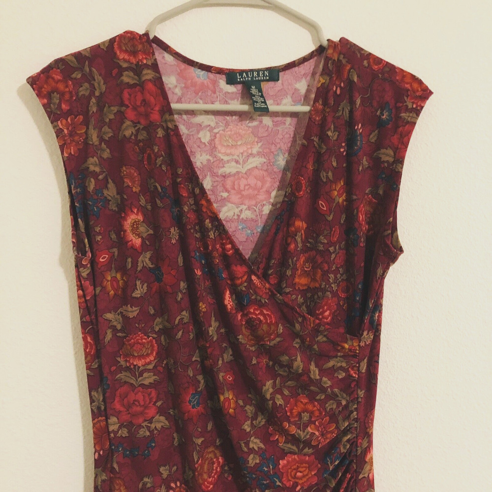 Lauren Women's (M) Floral Dress Burgundy Midi V-Neck Shoulder Sleeve